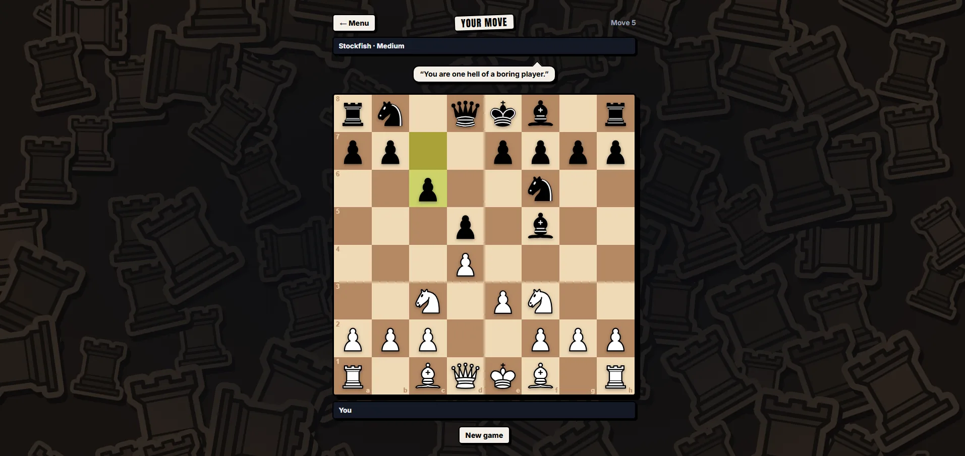 Trash Talk Chess mid-game — the Stockfish-powered engine taunting the player