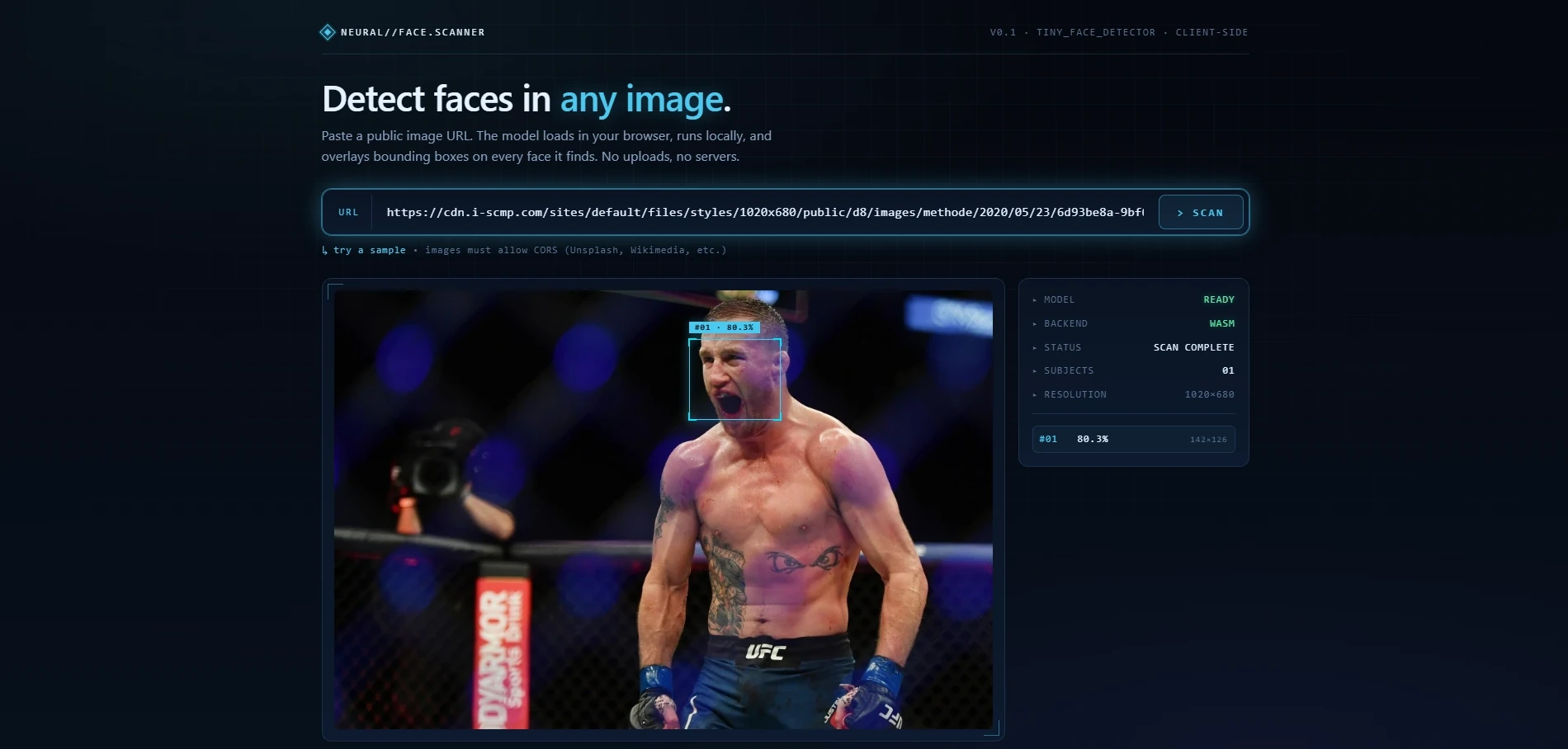 Face Detector scanning an image — detected face highlighted with a bounding box